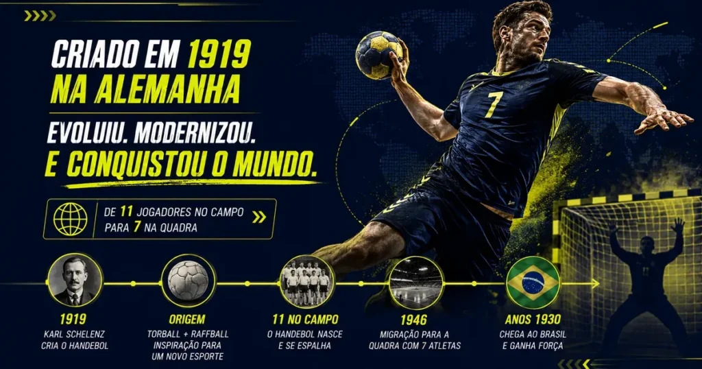História do Handebol: Origem, Evolução e Chegada ao Brasil Infográfico da história do handebol: criado em 1919 por Karl Schelenz na Alemanha, de 11 jogadores no campo para 7 na quadra em 1946 e chegada ao Brasil nos anos 1930