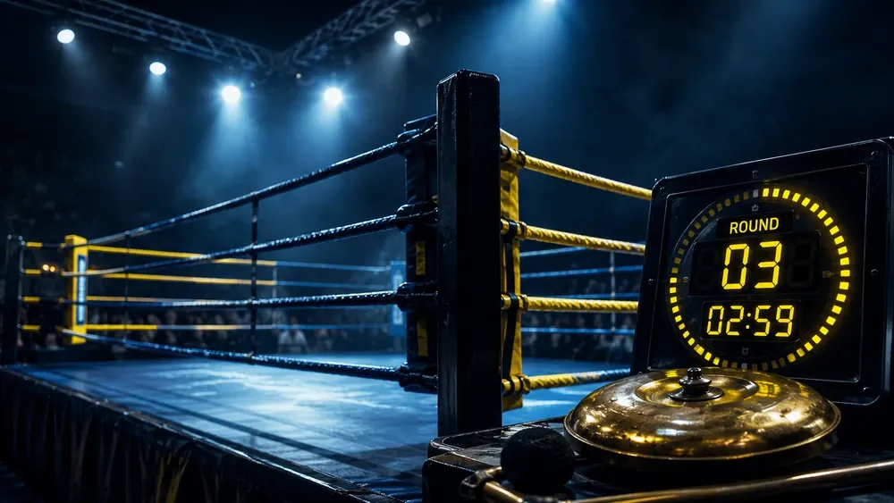 Ringue de boxe com cronômetro de round e gongo, representando os 3 minutos de cada assalto