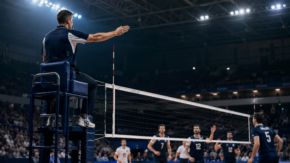 Árbitro de vôlei no alto da cadeira sinalizando uma falta com a mão durante partida em ginásio