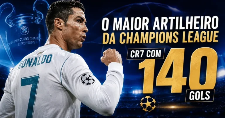 Cristiano Ronaldo com a camisa 7 do Real Madrid, maior artilheiro da história da Champions League com 140 gols, ao lado da taça da UEFA