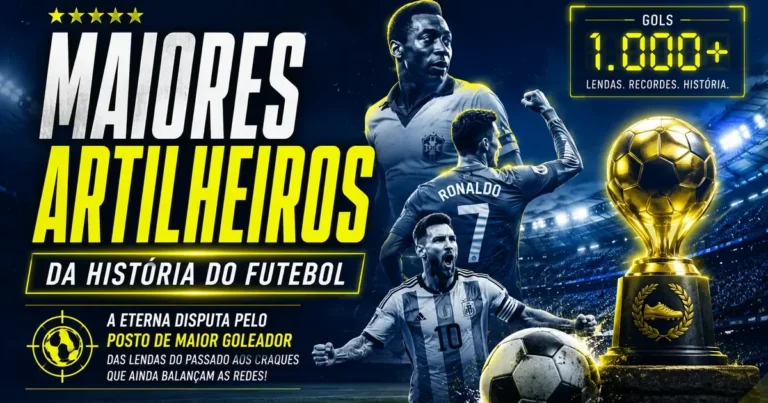 Ranking dos maiores artilheiros da história do futebol: Cristiano Ronaldo, Lionel Messi e Pelé com troféu de gols
