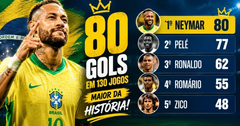 Montagem verde e dourada com Neymar de camisa 10 da Seleção Brasileira e destaque para 80 gols em 130 jogos, recorde histórico, seguido por Pelé (77), Ronaldo (62), Romário (55) e Zico (48)