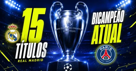 Ranking dos maiores campeões da Champions League: Real Madrid com 15 títulos e o PSG como bicampeão atual, ao lado do troféu
