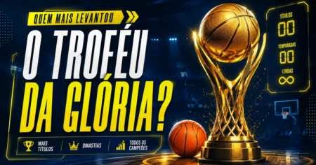 Ranking dos maiores campeões do NBB: troféu dourado de basquete e bola na quadra do Novo Basquete Brasil