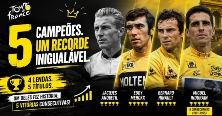 Maiores Vencedores do Tour de France: Os Recordistas Os quatro maiores vencedores do Tour de France com cinco títulos cada: Jacques Anquetil, Eddy Merckx, Bernard Hinault e Miguel Indurain