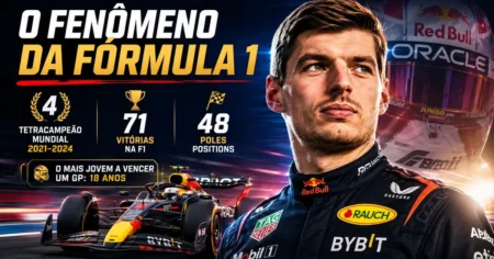 Max Verstappen: Biografia, Títulos e Recordes na F1 Arte de capa de Max Verstappen, piloto tetracampeão de Fórmula 1 pela Red Bull, com os números 4 títulos, 71 vitórias e 48 poles