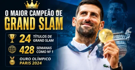 Ilustração de tenista campeão erguendo troféu, representando Novak Djokovic, maior campeão de Grand Slam do tênis masculino com 24 títulos