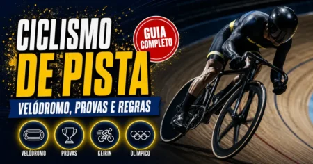 Ciclista de pista inclinado na curva de um velódromo de madeira, no guia de ciclismo de pista