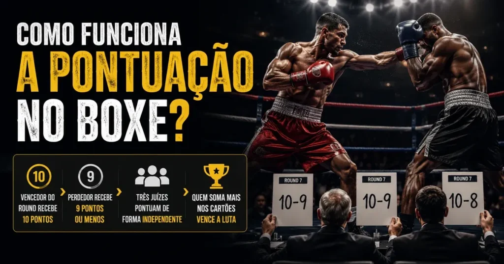 Pontuação no Boxe: Sistema de 10 Pontos e Decisões Dois boxeadores trocando golpes no ringue e três juízes com cartões 10-9 e 10-8, ilustrando o sistema de 10 pontos do boxe
