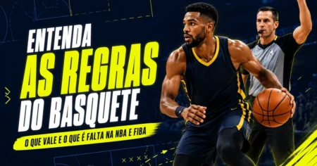 Regras do Basquete: Guia das Regras Oficiais FIBA e NBA Jogador de basquete driblando ao lado de um árbitro apitando, com linhas de quadra ao fundo, ilustrando as regras do basquete na NBA e FIBA