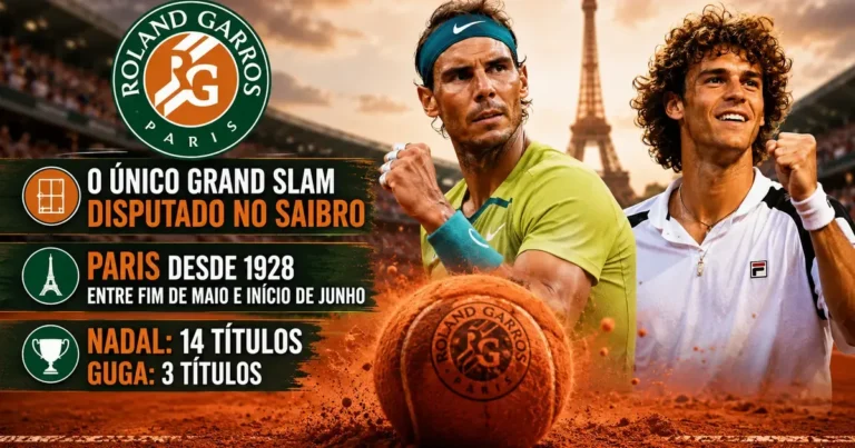 Capa de Roland Garros, o Grand Slam de saibro de Paris, com troféu e quadra de terra batida