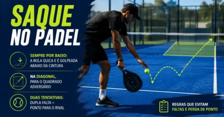 Jogador de padel executando o saque por baixo, abaixo da cintura, em quadra de vidro, conforme as regras da FIP