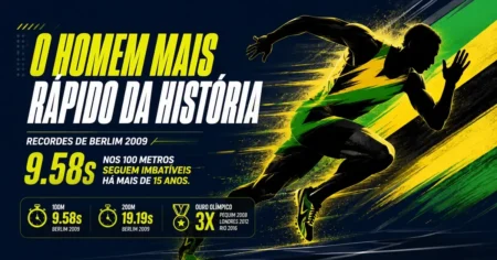Arte de velocista em disparada nas cores da Jamaica com os recordes de Usain Bolt: 9.58s nos 100 m e 19.19s nos 200 m de Berlim 2009