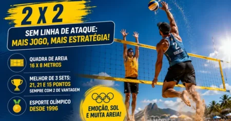 Infográfico do vôlei de praia: jogado em duplas 2x2, quadra de areia de 16 por 8 metros, melhor de 3 sets (21/21/15) e olímpico desde 1996