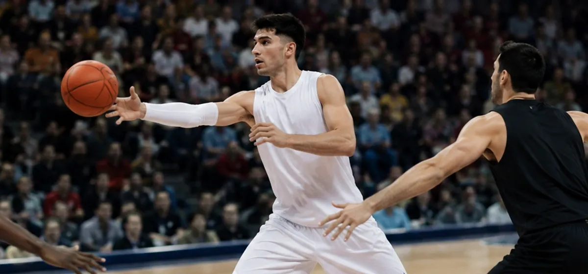 Armador de basquete distribuindo um passe entre dois defensores, jogada que gera a assistência contada no triplo-duplo