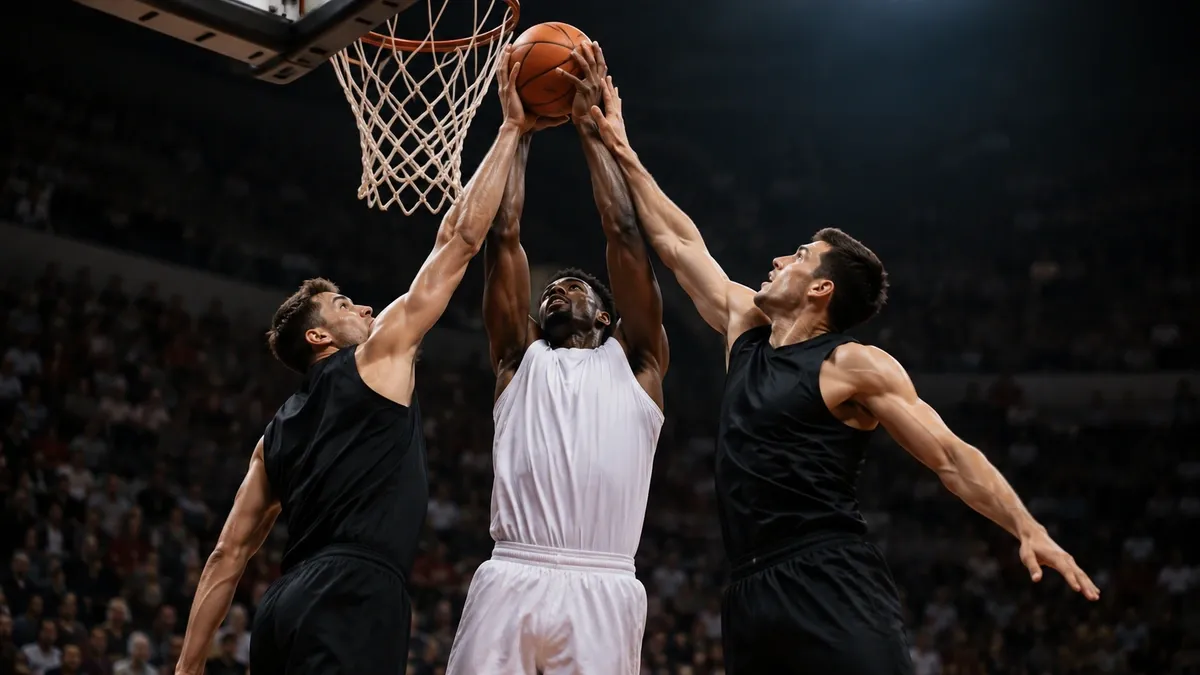 Três jogadores de basquete saltando na disputa de rebote embaixo da cesta, estatística que compõe o duplo-duplo e o triplo-duplo