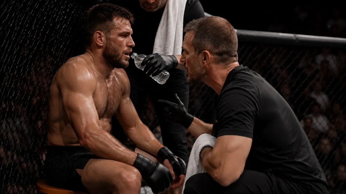 Lutador de MMA sentado no banquinho do corner recebendo água e instruções no intervalo entre rounds