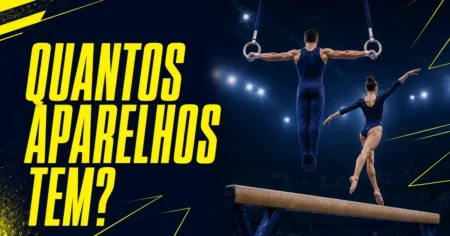 Ginasta suspenso nas argolas e ginasta em equilíbrio sobre a trave, dois dos 10 aparelhos da ginástica artística