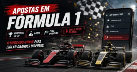 Capa sobre apostas em Fórmula 1 com carros fictícios e os mercados de vencedor do GP, pódio, pole position e duelo entre pilotos