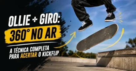 Skatista no ar durante um kickflip, com o shape girando 360° em torno do próprio eixo e setas indicando o sentido do giro