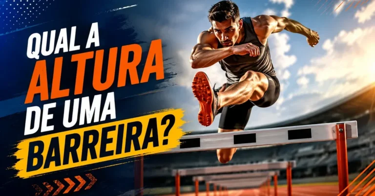 Atleta de atletismo transpondo uma barreira na pista durante prova de corrida com barreiras, com a pergunta qual a altura de uma barreira