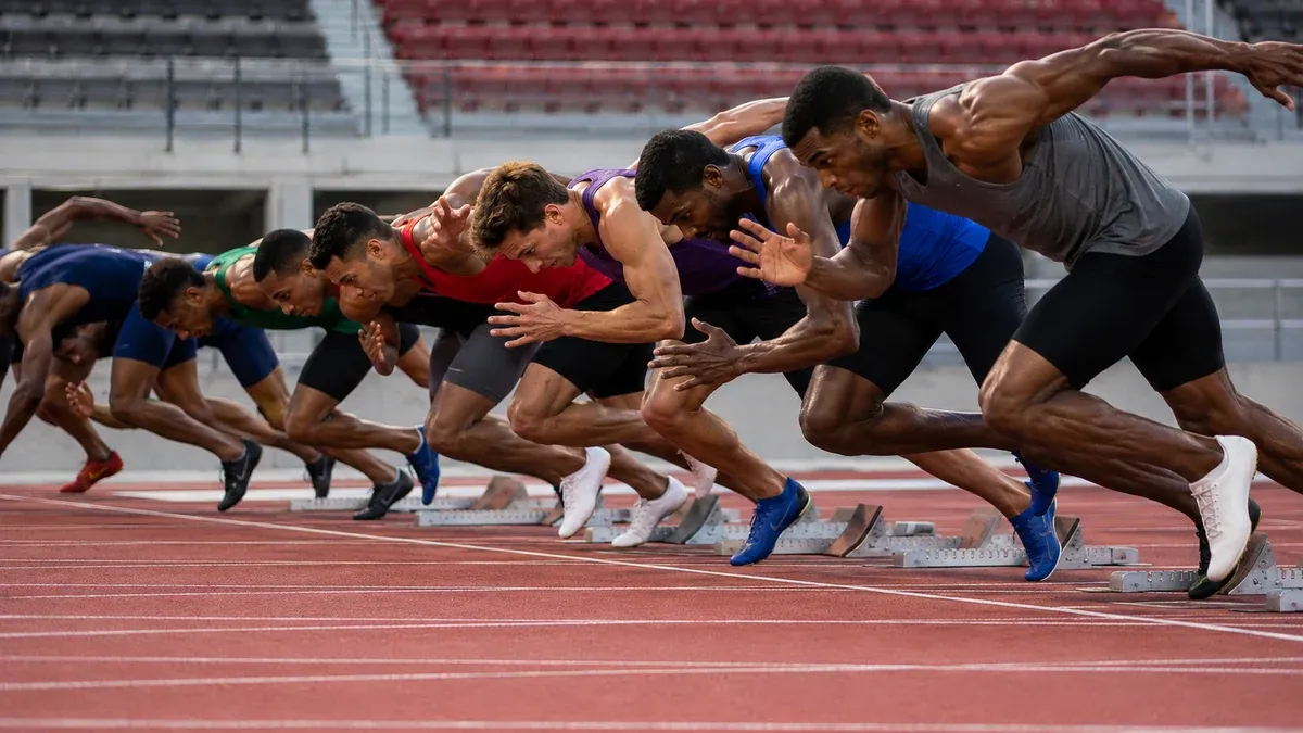 Atletas saindo dos blocos na largada de uma prova de velocidade do atletismo em pista oficial