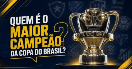 Troféu da Copa do Brasil cercado por escudos de clubes brasileiros, ilustrando o ranking dos maiores campeões da competição