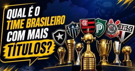 Troféus e escudos de grandes clubes brasileiros de futebol, ilustrando o ranking dos times com mais títulos