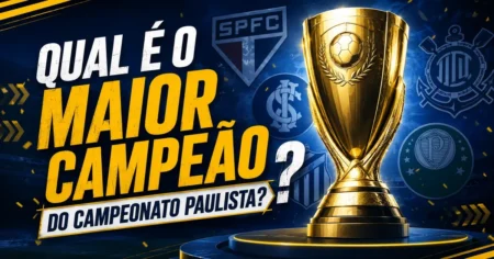 Troféu dourado e escudos dos grandes clubes paulistas, ilustrando o ranking dos maiores campeões do Campeonato Paulista