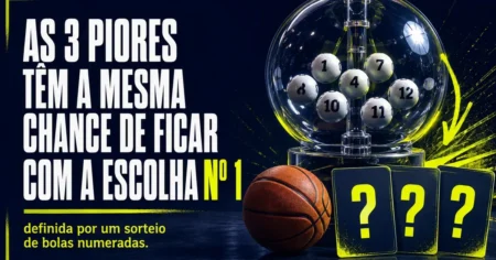 Globo de sorteio com bolas numeradas ao lado de uma bola de basquete e tres cartoes com ponto de interrogacao, representando a loteria do draft da NBA