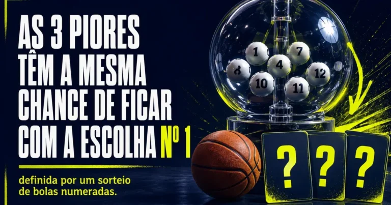 Globo de sorteio com bolas numeradas ao lado de uma bola de basquete e tres cartoes com ponto de interrogacao, representando a loteria do draft da NBA