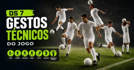 Sequência de jogadores executando passe, domínio, condução, drible, chute, cabeceio e arremesso lateral num campo de futebol