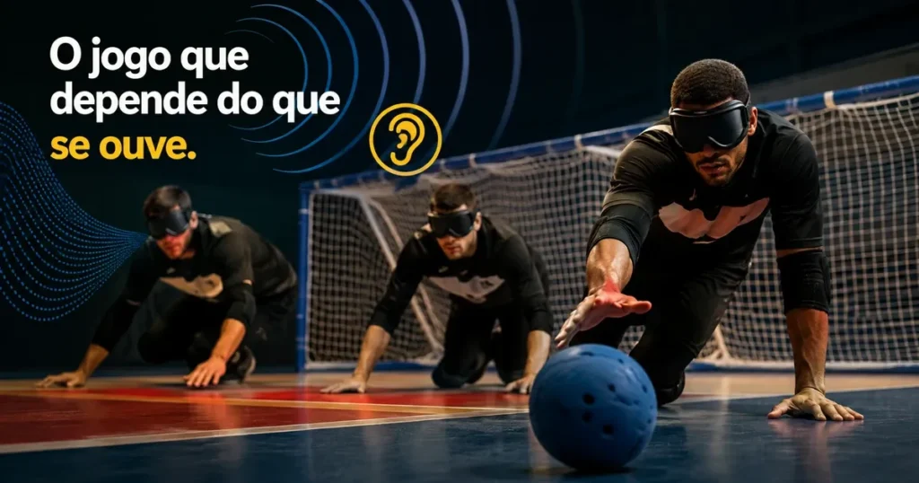 Goalball: O Que É, Regras e Como se Joga Três atletas de goalball vendados em posição de defesa no chão da quadra, com a bola de guizos rolando rente ao piso diante do gol