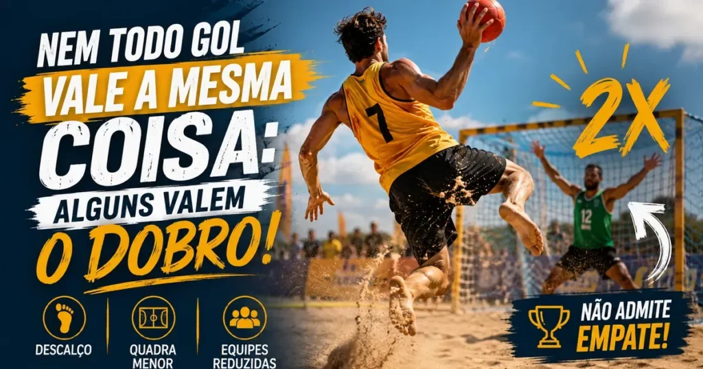 Handebol de Areia: Regras, Quadra e Pontuação Atleta de handebol de areia salta descalço sobre a areia para arremessar contra o goleiro, jogada aérea que vale 2 pontos pelas regras da IHF