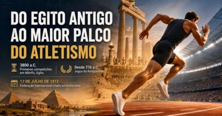 Corredor em ação numa pista moderna, com ruínas gregas e pirâmides do Egito ao fundo, representando a origem do atletismo