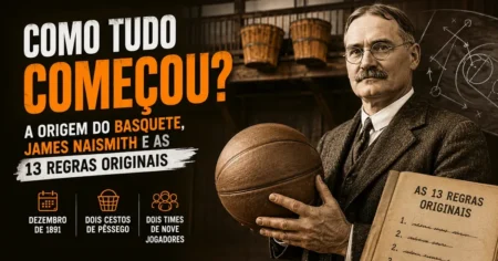 História do Basquete: Origem, Naismith e as 13 Regras James Naismith segurando uma bola antiga de basquete diante de dois cestos de pêssego pregados na sacada de um ginásio de 1891