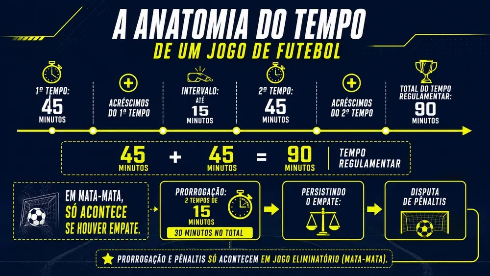 Linha do tempo de um jogo de futebol: 45 minutos no primeiro tempo, ate 15 de intervalo, 45 no segundo, somando 90 minutos de tempo regulamentar, mais prorrogacao de 2x15 e penaltis em mata-mata