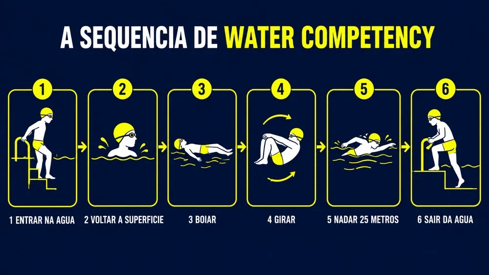 Diagrama com as seis etapas da sequência de water competency: entrar na água, voltar à superfície, boiar, girar, nadar 25 metros e sair da água