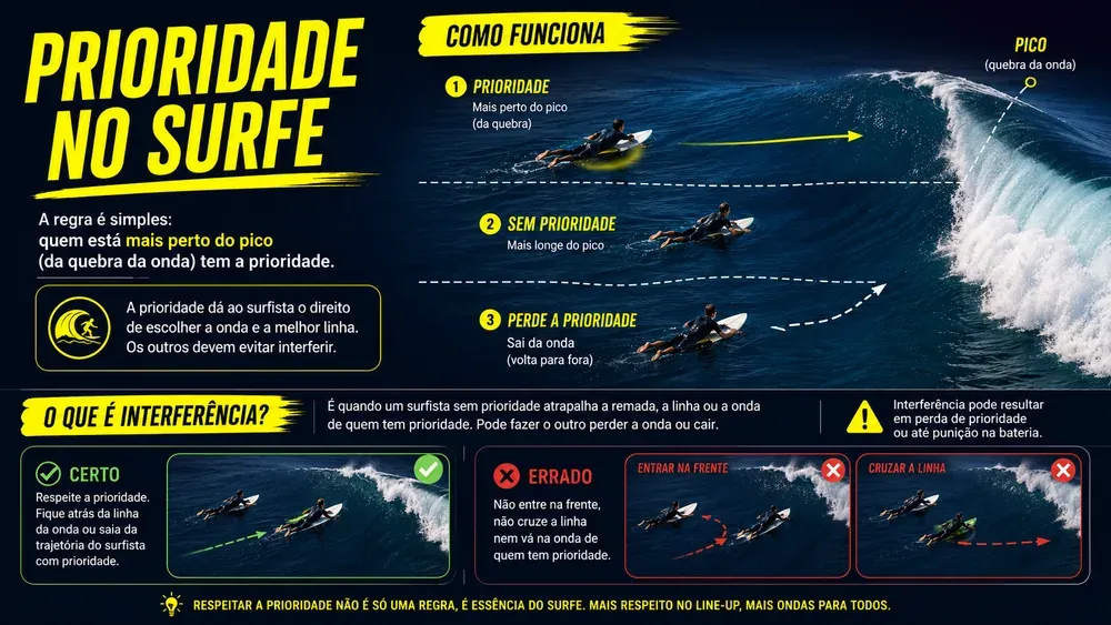 Infográfico mostrando que o surfista mais próximo do pico tem prioridade, quem está mais longe fica sem prioridade e o que caracteriza interferência