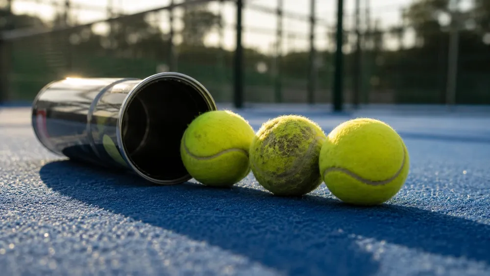 Tubo pressurizado de bolas de padel aberto sobre o piso azul da quadra, com três bolas amarelas ao lado, uma delas com o feltro gasto
