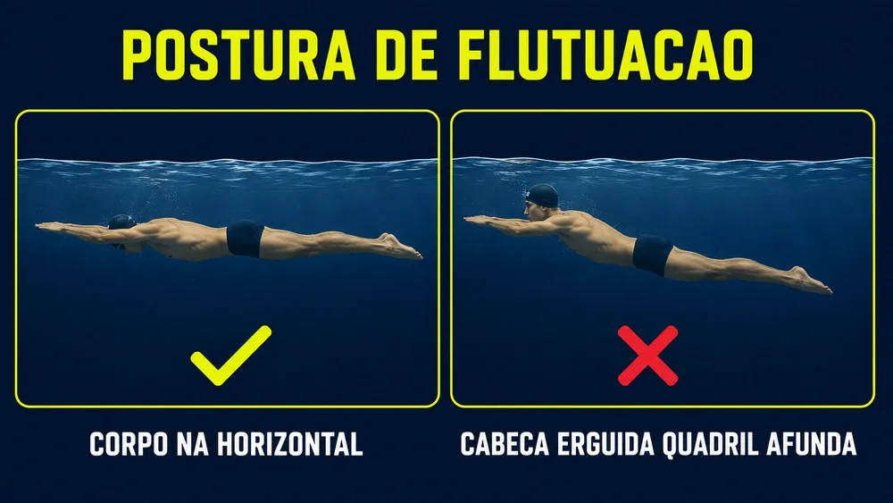 Comparação entre a postura correta de flutuação, com o corpo na horizontal, e a incorreta, com a cabeça erguida e o quadril afundado