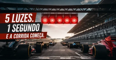Pórtico de largada da Fórmula 1 com as cinco luzes vermelhas acesas e os carros parados no grid antes do início da corrida