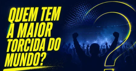 Capa do ranking das maiores torcidas do mundo, com a pergunta quem tem a maior torcida do mundo sobre silhuetas de torcida em estadio