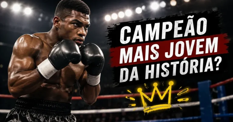 Boxeador peso-pesado em guarda alta dentro do ringue sob refletores, ilustrando a trajetória de Mike Tyson no boxe