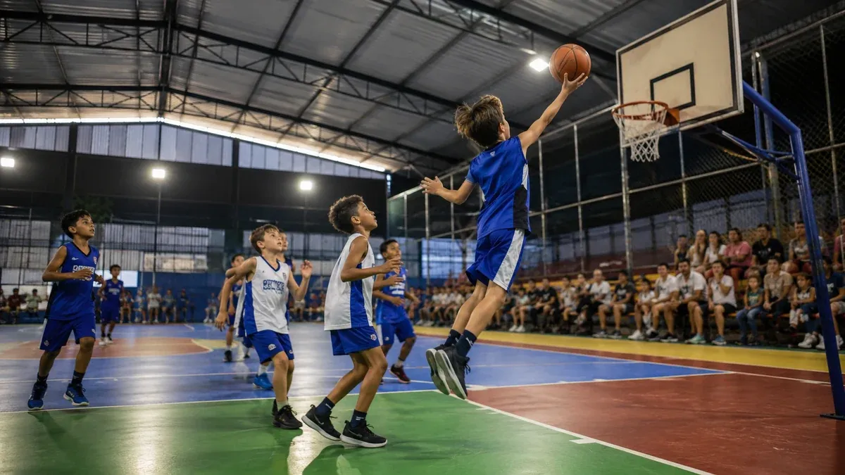 Crianças jogando minibasquete em quadra coberta com a cesta em altura reduzida de 2,60 metros