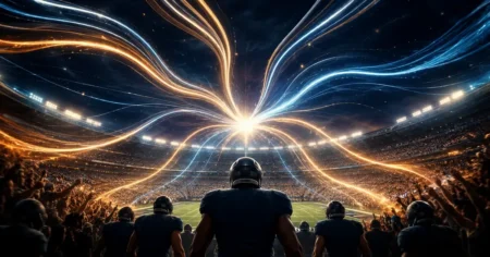 Estádio de futebol americano à noite com feixes de luz convergindo para um único ponto, representando o mata-mata dos playoffs da NFL