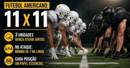 Ataque e defesa alinhados na linha de scrimmage no futebol americano, com o center prestes a fazer o snap