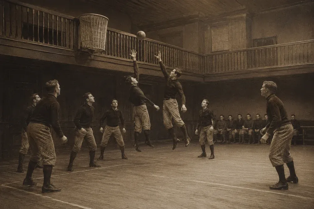 Recriação da primeira partida de basquete em um ginásio de madeira de 1891, com jogadores de uniforme da época disputando a bola sob um cesto pregado na sacada