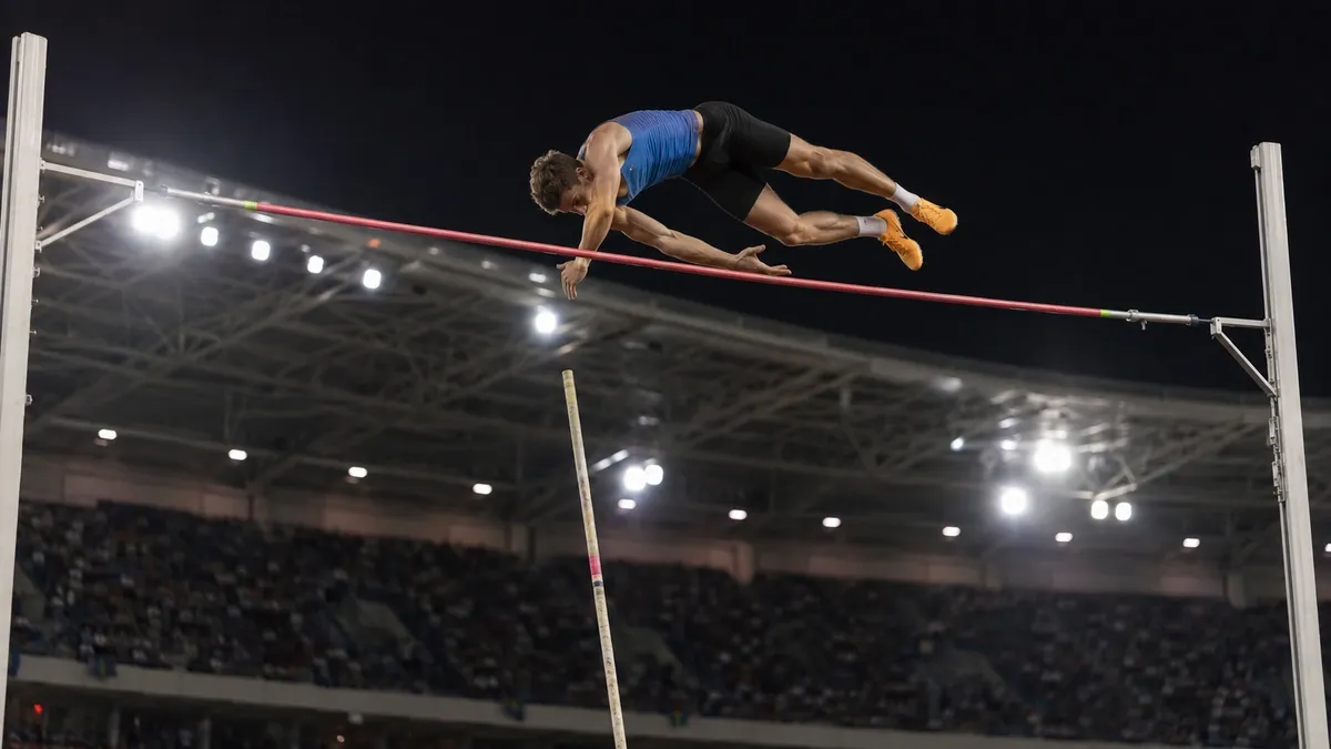 Atleta de salto com vara no momento da transposição do sarrafo em estádio de atletismo