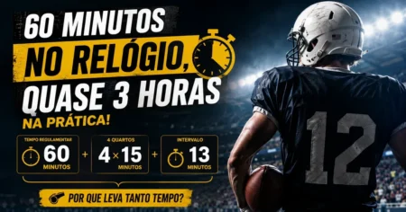 Jogador de futebol americano de costas segurando a bola em campo, com o estádio iluminado ao fundo